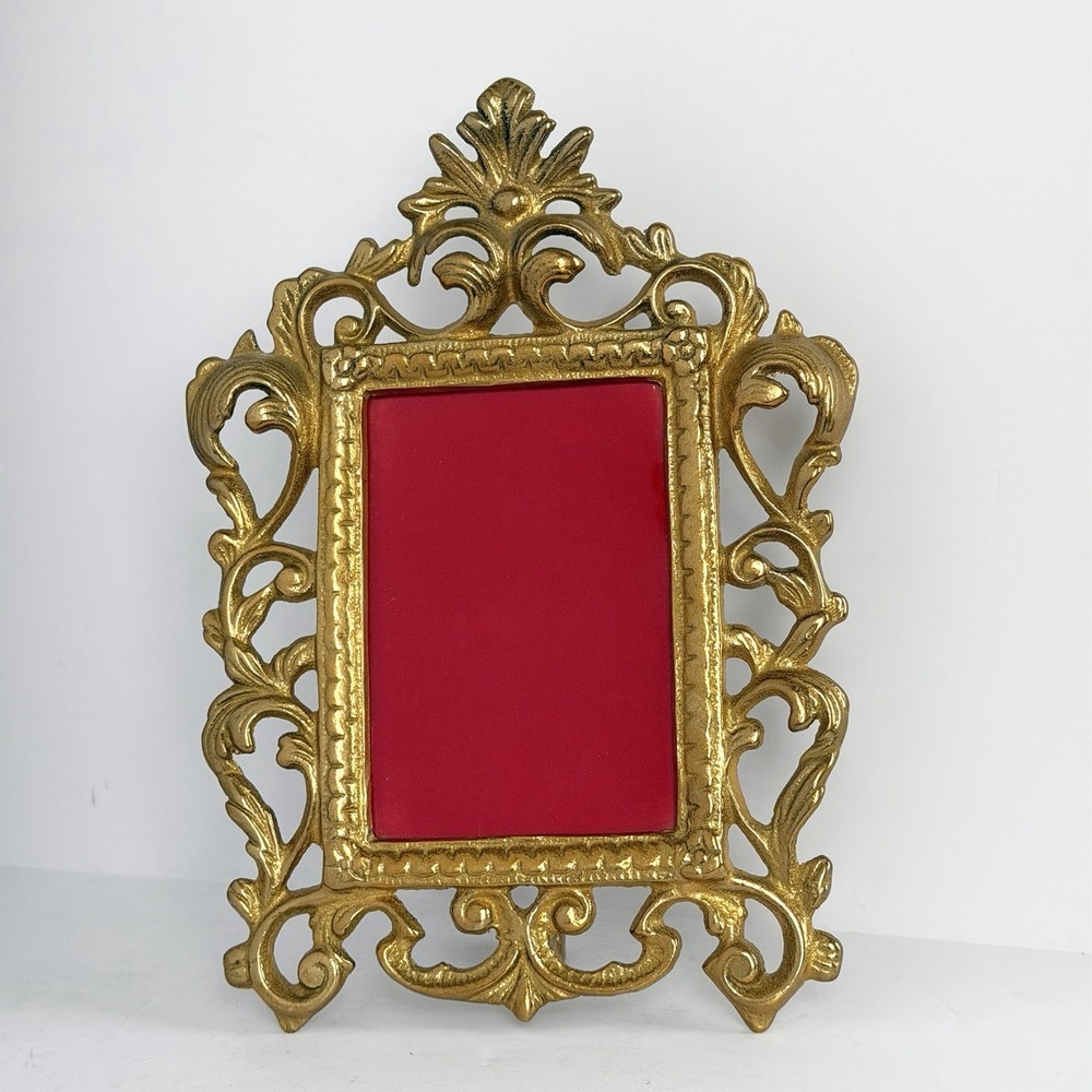 Vtg Ornate Solid Brass Picture Frame Gold Victorian Hollywood Cast Metal 3.5x5